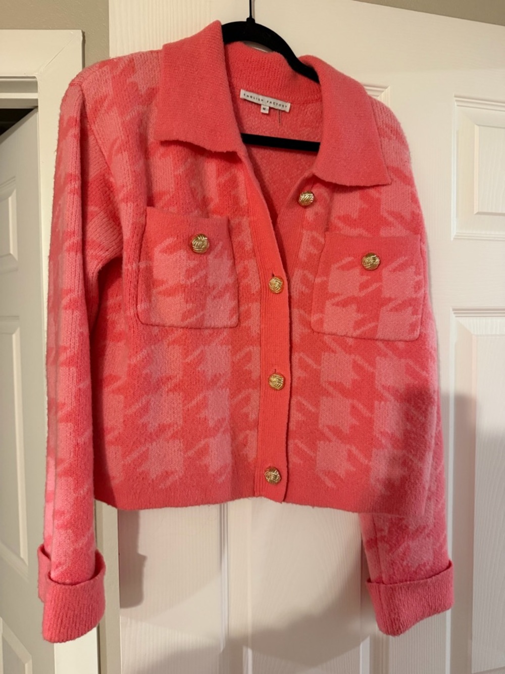 English Factory Pink Houndstooth Button-Front Cardigan